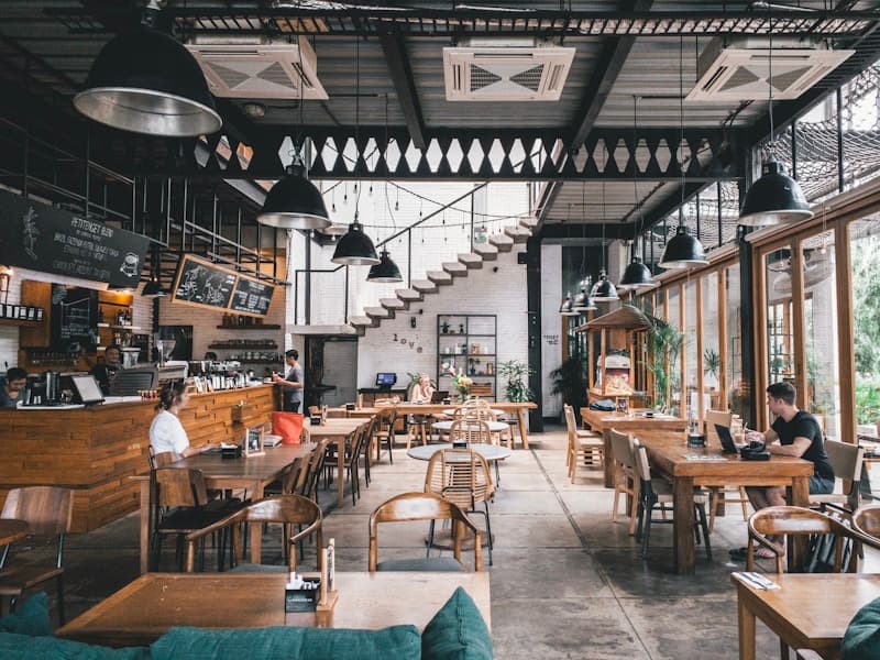 Restaurant kitchen and dining space